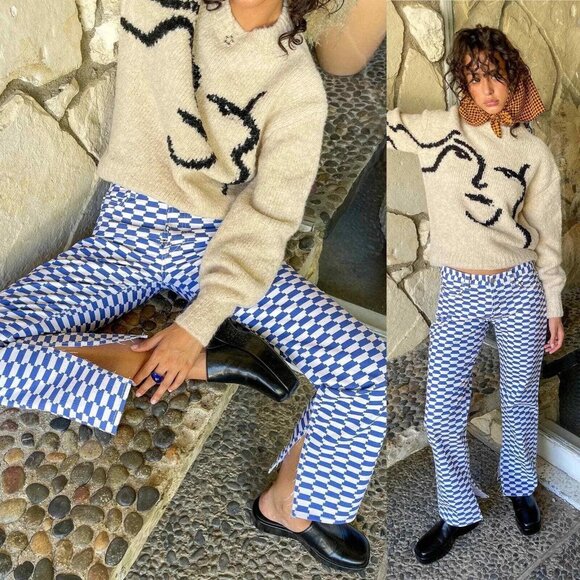 Lisa Says Gah Sz 14 XL Blue White Checkered Denim Ellis Jeans Flare Split Leg - Picture 1 of 13